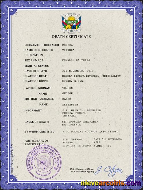 Central African Republic death certificate